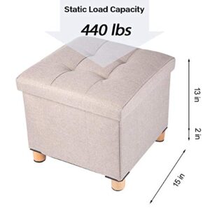 BRIAN & DANY Foldable Storage Ottoman Footrest and Seat Cube with Wooden Feet and Lid, Khaki 15” x15” x14.7”