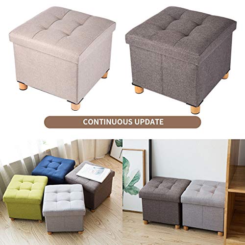 BRIAN & DANY Foldable Storage Ottoman Footrest and Seat Cube with Wooden Feet and Lid, Khaki 15” x15” x14.7”