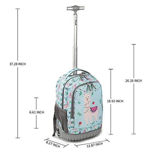 Tilami Rolling Backpack with Trolley Wheeled Design, Cute Cartoon Printed for Boys and Girls, Travel, School, Student Trip (19 Inch, Alpaca)