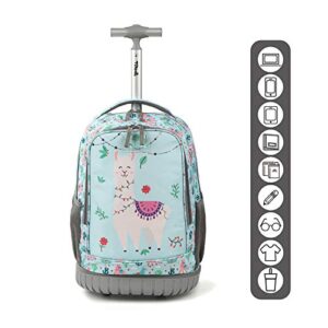 Tilami Rolling Backpack with Trolley Wheeled Design, Cute Cartoon Printed for Boys and Girls, Travel, School, Student Trip (19 Inch, Alpaca)