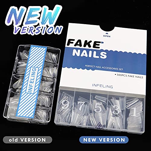 Nail Tips Coffin Shape - Natural Acrylic Nail Tips 500pcs Half Cover French Nail Tips with Box, INFELING False Nails Fake Nail Tips for Nail Salons and DIY Nail Art at Home, 10 Sizes