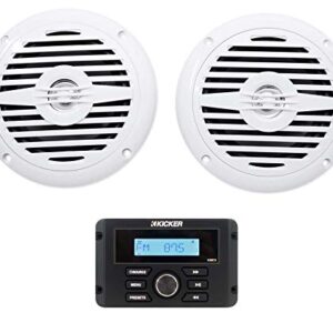 KICKER KMC3 Marine Digital Media Gauge Receiver w/Bluetooth/USB For Boat/ATV/UTV Bundle with Pair Rockville MS525W 5.25" 400 Watt Waterproof Marine Boat Speakers 2-Way White