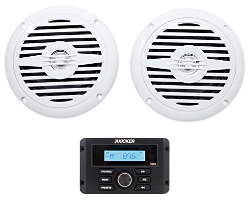 KICKER KMC3 Marine Digital Media Gauge Receiver w/Bluetooth/USB For Boat/ATV/UTV Bundle with Pair Rockville MS525W 5.25" 400 Watt Waterproof Marine Boat Speakers 2-Way White