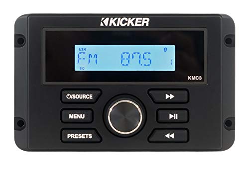 KICKER KMC3 Marine Digital Media Gauge Receiver w/Bluetooth/USB For Boat/ATV/UTV Bundle with Pair Rockville MS525W 5.25" 400 Watt Waterproof Marine Boat Speakers 2-Way White