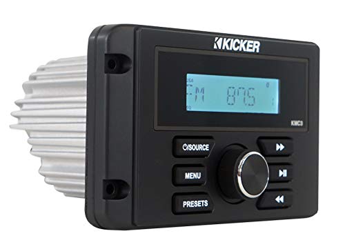 KICKER KMC3 Marine Digital Media Gauge Receiver w/Bluetooth/USB For Boat/ATV/UTV Bundle with Pair Rockville MS525W 5.25" 400 Watt Waterproof Marine Boat Speakers 2-Way White