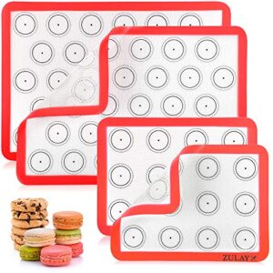 Zulay (Set of 4) Silicone Baking Mat - Macaron Silicone Baking Mats With Pre-printed Template Design - Non Stick & Reusable Silicone Baking Sheet - 2 Half Size + 2 Quarter Size (Red)