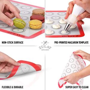 Zulay (Set of 4) Silicone Baking Mat - Macaron Silicone Baking Mats With Pre-printed Template Design - Non Stick & Reusable Silicone Baking Sheet - 2 Half Size + 2 Quarter Size (Red)