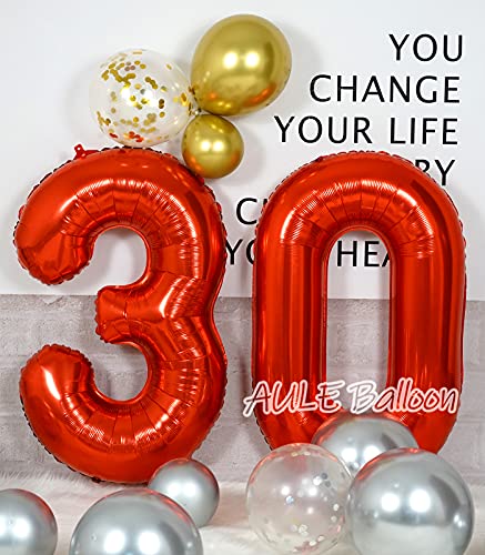 AULE 40 Inch Big Red Foil 30 Number Balloons for Women Large 30th Happy Birthday Decorations Giant Huge Helium Mylar 30rh Anniversary Party Decor