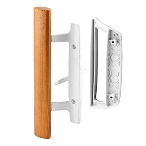 mortise style reversible sliding patio door handle set with oak wood interior handle and exterior pull in white diecast finish fits 3-15/16” screw hole spacing, non-keyed with latch locks (white)