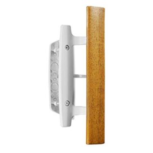 Mortise Style Reversible Sliding Patio Door Handle Set with Oak Wood Interior Handle and Exterior Pull in White Diecast Finish Fits 3-15/16” Screw Hole Spacing, Non-keyed with Latch Locks (White)