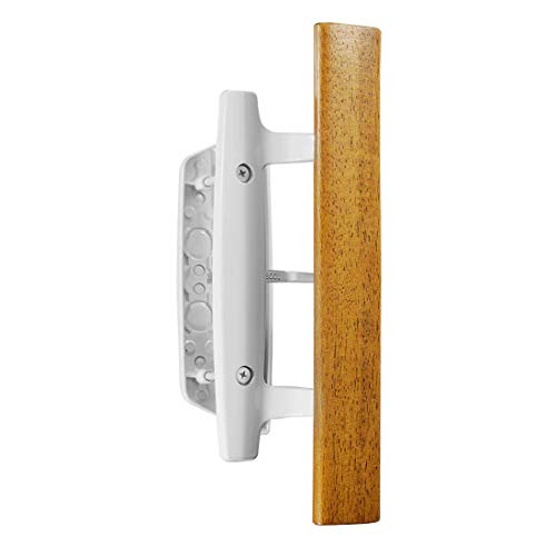 Mortise Style Reversible Sliding Patio Door Handle Set with Oak Wood Interior Handle and Exterior Pull in White Diecast Finish Fits 3-15/16” Screw Hole Spacing, Non-keyed with Latch Locks (White)