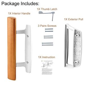 Mortise Style Reversible Sliding Patio Door Handle Set with Oak Wood Interior Handle and Exterior Pull in White Diecast Finish Fits 3-15/16” Screw Hole Spacing, Non-keyed with Latch Locks (White)