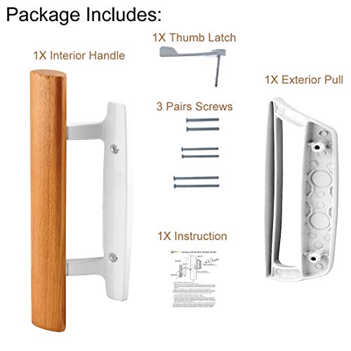 Mortise Style Reversible Sliding Patio Door Handle Set with Oak Wood Interior Handle and Exterior Pull in White Diecast Finish Fits 3-15/16” Screw Hole Spacing, Non-keyed with Latch Locks (White)