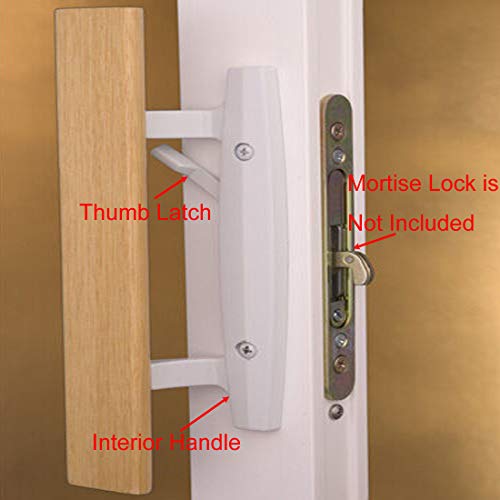 Mortise Style Reversible Sliding Patio Door Handle Set with Oak Wood Interior Handle and Exterior Pull in White Diecast Finish Fits 3-15/16” Screw Hole Spacing, Non-keyed with Latch Locks (White)