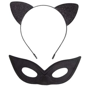 cheerin cat ear headband with cat mask | glitter kitty cat ears headband with black mask | halloween cat costume accessory for kids and adults | cat themed party, christmas, cosplay party costume