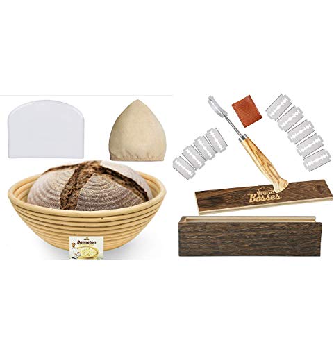 Bread Bosses 9 Inch Banneton Proofing Basket and Bread Bakers Lame Slashing Tool - Great as a Gift