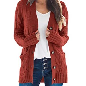 MEROKEETY Women's 2023 Fall Long Sleeve Cable Knit Sweater Open Front Cardigan Button Loose Outerwear Rust