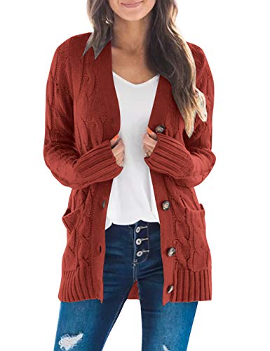 MEROKEETY Women's 2023 Fall Long Sleeve Cable Knit Sweater Open Front Cardigan Button Loose Outerwear Rust