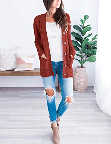 MEROKEETY Women's 2023 Fall Long Sleeve Cable Knit Sweater Open Front Cardigan Button Loose Outerwear Rust