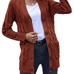 MEROKEETY Women's 2023 Fall Long Sleeve Cable Knit Sweater Open Front Cardigan Button Loose Outerwear Rust