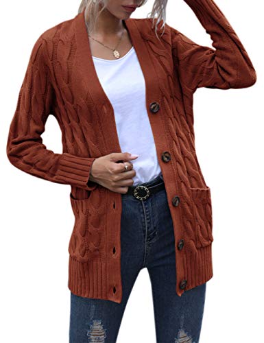 MEROKEETY Women's 2023 Fall Long Sleeve Cable Knit Sweater Open Front Cardigan Button Loose Outerwear Rust