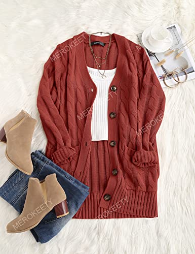 MEROKEETY Women's 2023 Fall Long Sleeve Cable Knit Sweater Open Front Cardigan Button Loose Outerwear Rust