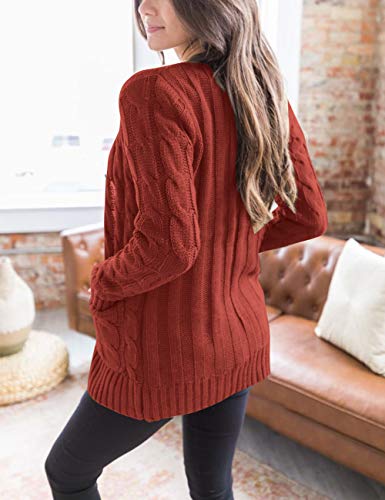 MEROKEETY Women's 2023 Fall Long Sleeve Cable Knit Sweater Open Front Cardigan Button Loose Outerwear Rust