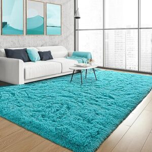 Quenlife Soft Bedroom Rug, Plush Shaggy Carpet Rug for Living Room, Fluffy Area Rug for Kids Grils Room Nursery Home Decor Fuzzy Rugs with Anti-Slip Bottom, 3 x 5ft, Teal Blue