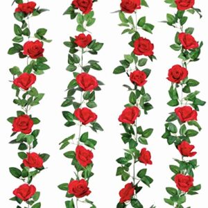 4 pack 32ft red flower garland rose flower banners artificial aesthetic flowers for wedding arch party garden craft room décor(red)