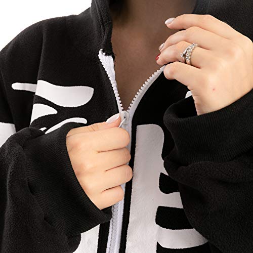 Spooktacular Creations Unisex Skeleton Onesie Pajama Plush Skeleton Jumpsuit Zippered Halloween Hoody Pajama for Adult Sleepwear Costume(Large) Black