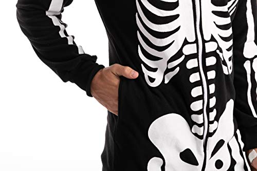 Spooktacular Creations Unisex Skeleton Onesie Pajama Plush Skeleton Jumpsuit Zippered Halloween Hoody Pajama for Adult Sleepwear Costume(Large) Black