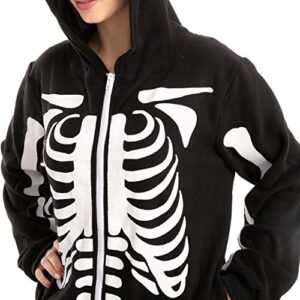 Spooktacular Creations Unisex Skeleton Onesie Pajama Plush Skeleton Jumpsuit Zippered Halloween Hoody Pajama for Adult Sleepwear Costume(Large) Black