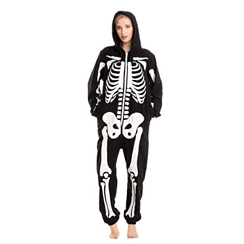 Spooktacular Creations Unisex Skeleton Onesie Pajama Plush Skeleton Jumpsuit Zippered Halloween Hoody Pajama for Adult Sleepwear Costume(Large) Black