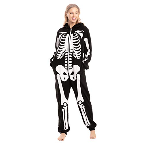 Spooktacular Creations Unisex Skeleton Onesie Pajama Plush Skeleton Jumpsuit Zippered Halloween Hoody Pajama for Adult Sleepwear Costume(Large) Black