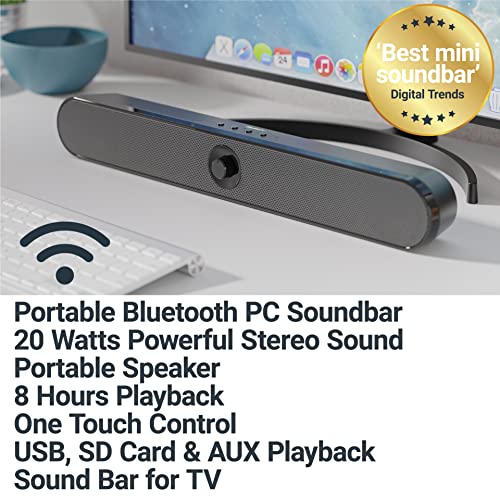 Majority Atlas Portable Bluetooth PC Soundbar | 20 Watts Powerful Stereo Sound | Portable Speaker with 8 Hours Playback | One Touch Control, USB, SD Card & AUX Playback Sound Bar for TV