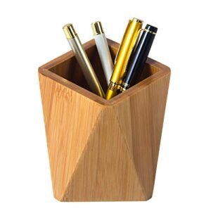 yosco bamboo wood pen holder stand for desk geometric pencil cup pot cute desktop office supplies, makeup brushes organizer (bamboo)