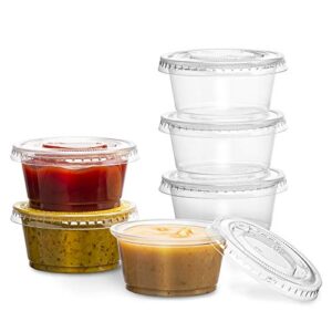 plastimade clear disposable plastic portion cups with lids (200 sets - 2 oz) - disposable condiment cups, sauce/dip/dressing cups, souffle cups & jello shot cups with lids | great sampling container
