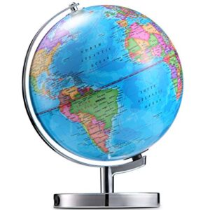 led illuminated globe of the world with sturdy chrome rotating display stand - 3 in 1 educational geography map, light up earth constellation globe stem for kids & adults| nightlight, 13.5 inch tall