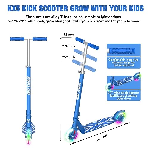 Gotrax KX5 Kick Scooter, 3 Adjustable Heights and 5" Flashing Wheels Kids Scooter, Lightweight Aluminum Alloy Scooter for Kids Boys Girls Age of 4-9 , Blue