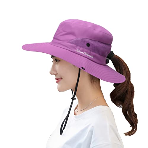 Womens UV Protection Wide Brim Sun Hats - Cooling Mesh Ponytail Hole Cap Foldable Travel Outdoor Fishing Hat Pure Purple