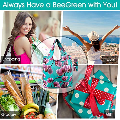BeeGreen 10 Pack Washable Floral Grocery Bags for Shopping Reusable Tote Bags Extra Large 50LBS Cute Flower Design Foldable Reusable Bags for Women Men Lightweight Durable