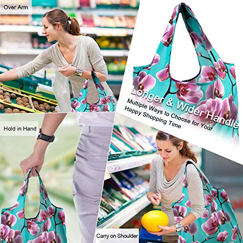 BeeGreen 10 Pack Washable Floral Grocery Bags for Shopping Reusable Tote Bags Extra Large 50LBS Cute Flower Design Foldable Reusable Bags for Women Men Lightweight Durable