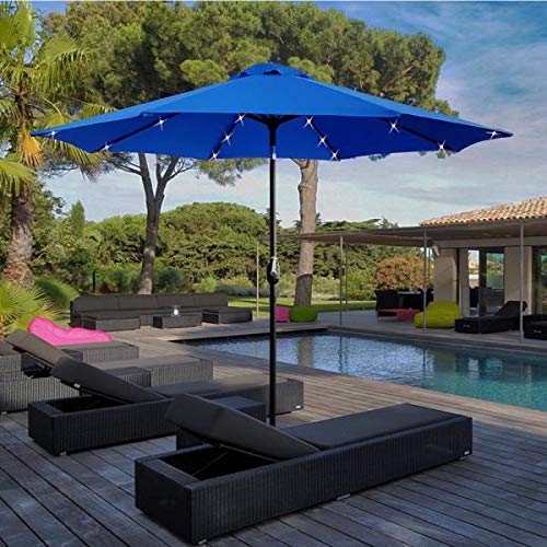 TechFaith Solar 32 LED Light Patio Umbrella with 8 Ribs/Tilt Adjustment and Crank Lift System Outdoor Umbrella (Blue)