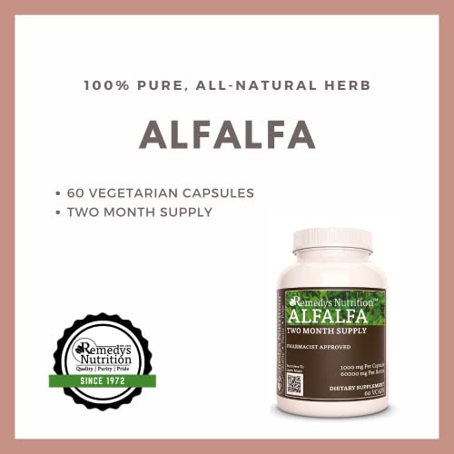 Remedy's nutrition Alfalfa 1,000mg Vegan Capsules Herbal Supplement - Non-GMO, Gluten Free, Dairy Free - Two Month Supply (60 Count)