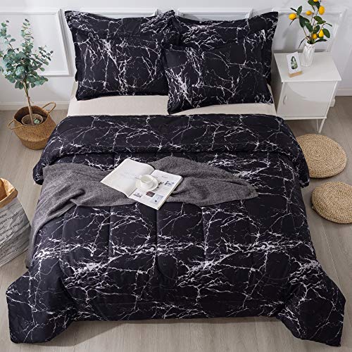 Litanika Black Marble Comforter Full(79X90Inch), 3 Pieces (1 Marble Comforter+2 Pillowcases) Soft Lightweight Microfiber Comforter Bedding Set for Men and Women