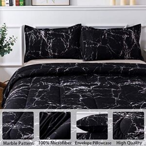 Litanika Black Marble Comforter Full(79X90Inch), 3 Pieces (1 Marble Comforter+2 Pillowcases) Soft Lightweight Microfiber Comforter Bedding Set for Men and Women