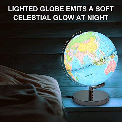 Illuminated World Globe(Dia 8-Inch) for Kids with Stand 6in1 Rewritable Colorful Easy-Read High Clear Map, Illuminates Educational Interactive Globe STEM Toy, Light Up Globe Lamp, Night Light LED Decor