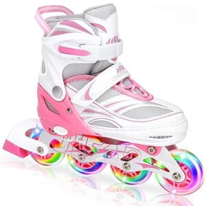 jeefree 4 size adjustable inline skate for kids,children's inline skates with light up wheel,outdoor illuminating roller blades skates for girls,boys and beginners