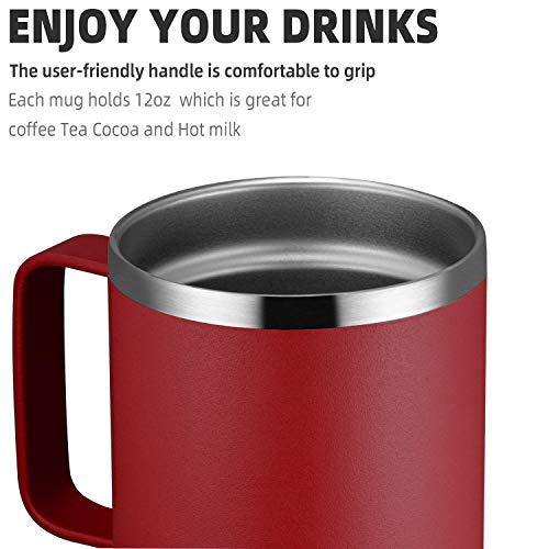 MEWAY 12oz Coffee Mug With Handle and Sliding Lid,Stainless Steel Travel Tumbler Cup with Handle,Double Wall Vacuum Insulated Camping Cup for Hot & Cold Drinks Tea (Red,Set of 1)