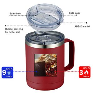 MEWAY 12oz Coffee Mug With Handle and Sliding Lid,Stainless Steel Travel Tumbler Cup with Handle,Double Wall Vacuum Insulated Camping Cup for Hot & Cold Drinks Tea (Red,Set of 1)